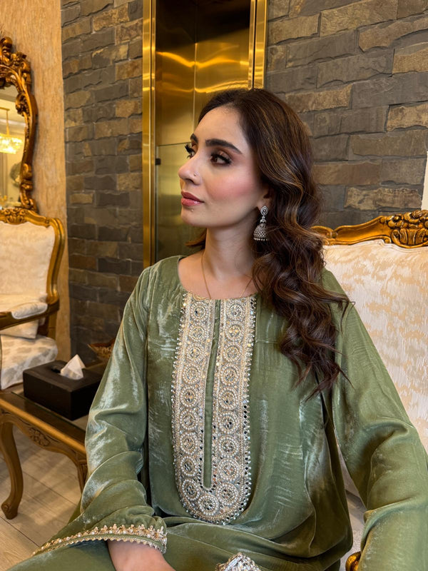 Pistachio Green Velvet Kaftan