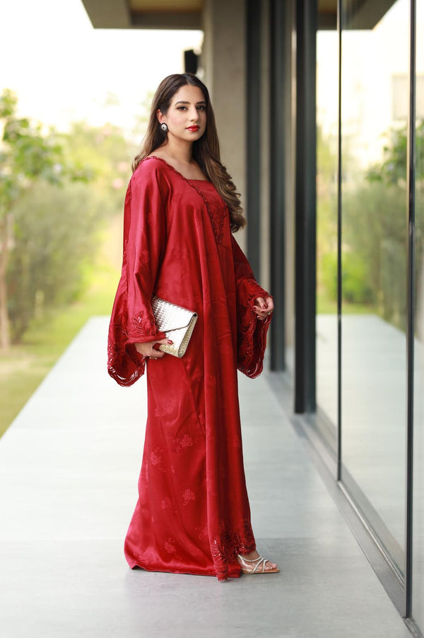 Red Self Printed Silk Kaftan