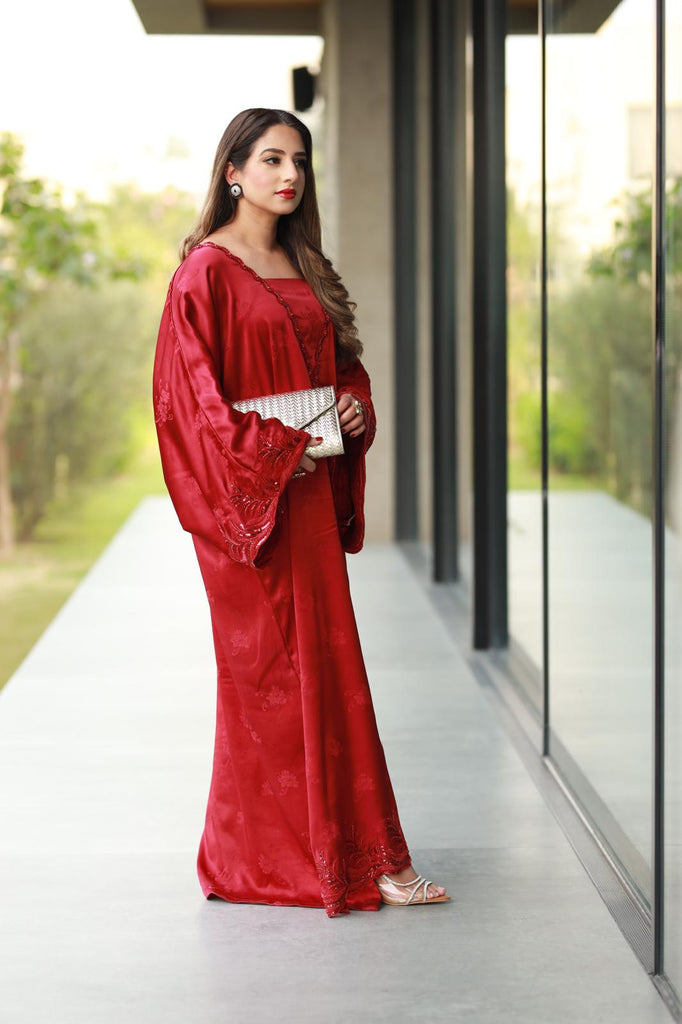 Red Self Printed Silk Kaftan